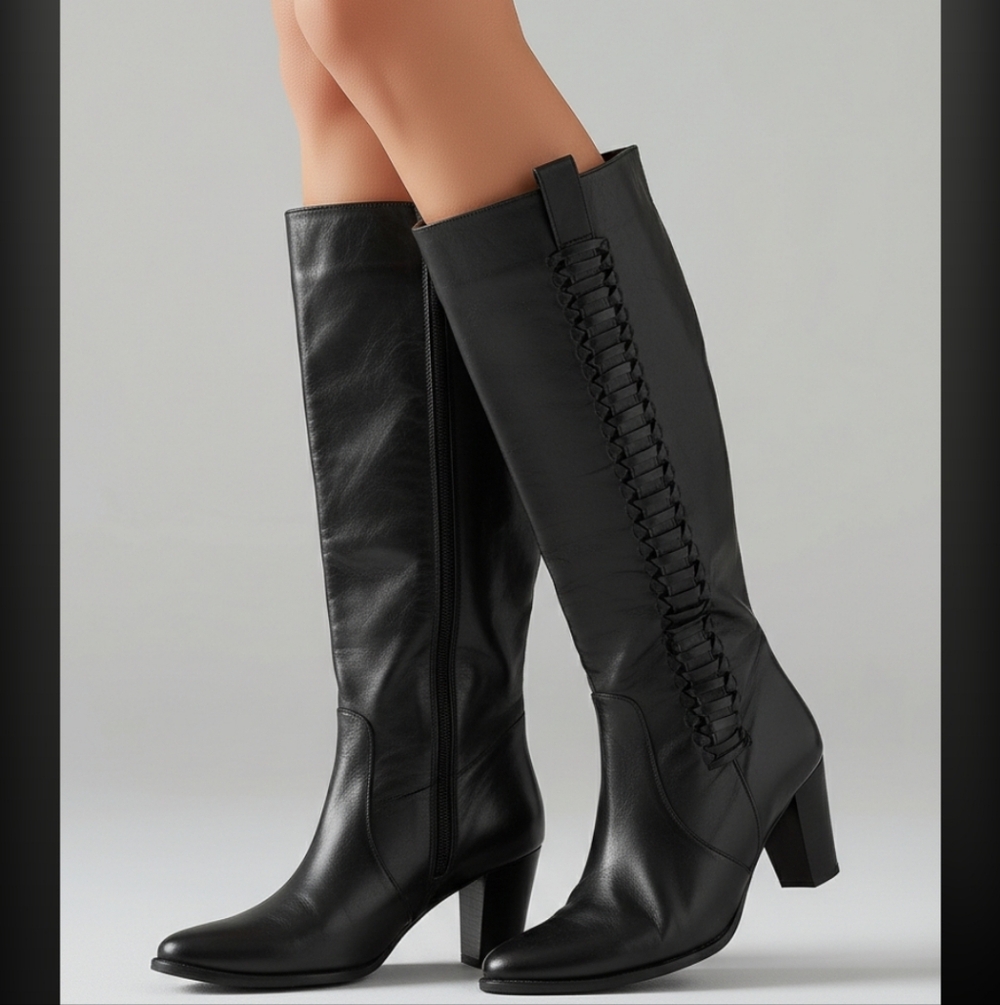 Kenzo Y2K Braided Black Leather Tall Riding Mid Heel Almond Toe Boots 38 US 7.5